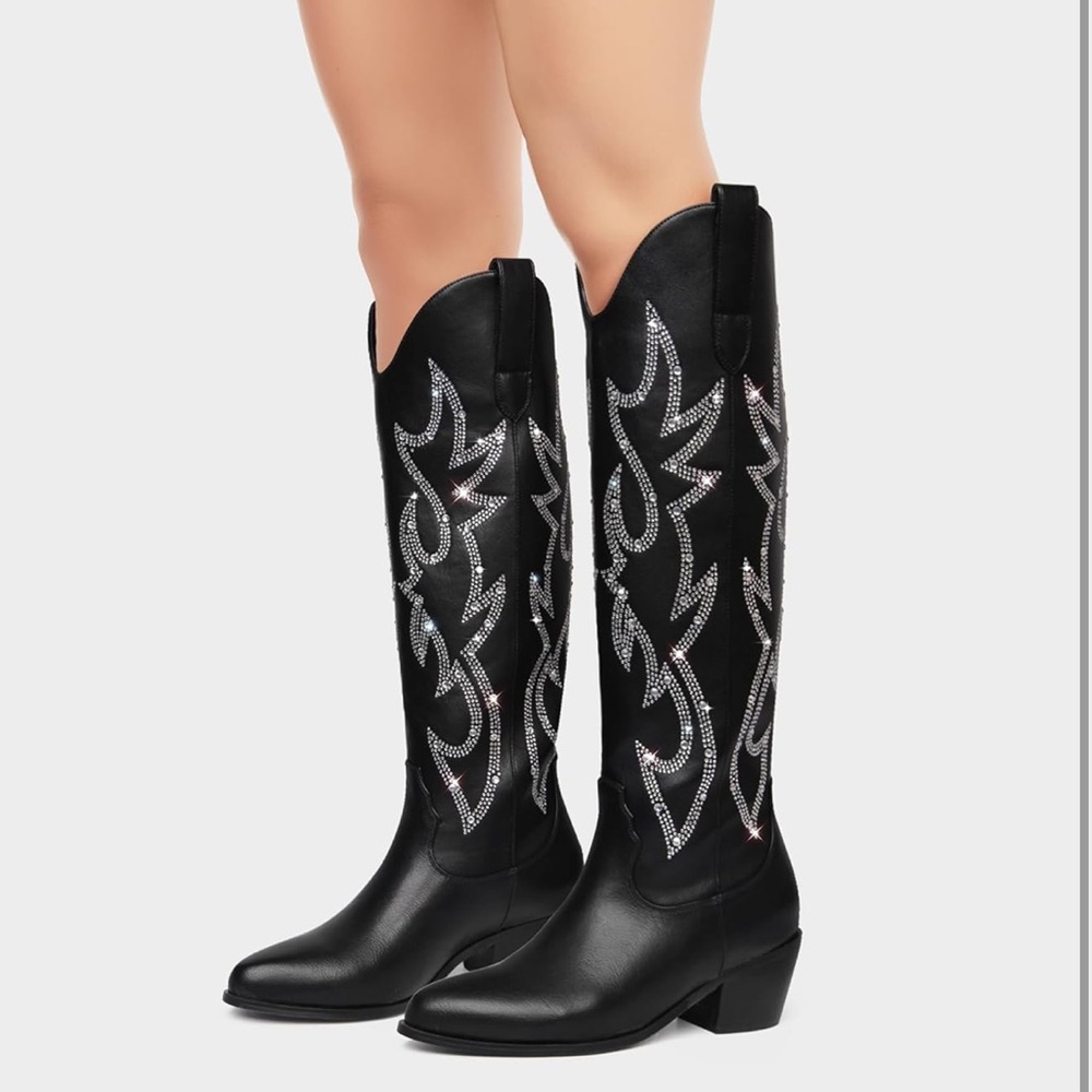 Knee High Black & Rhinestone Cowboy Boots w/ Chunky Heel